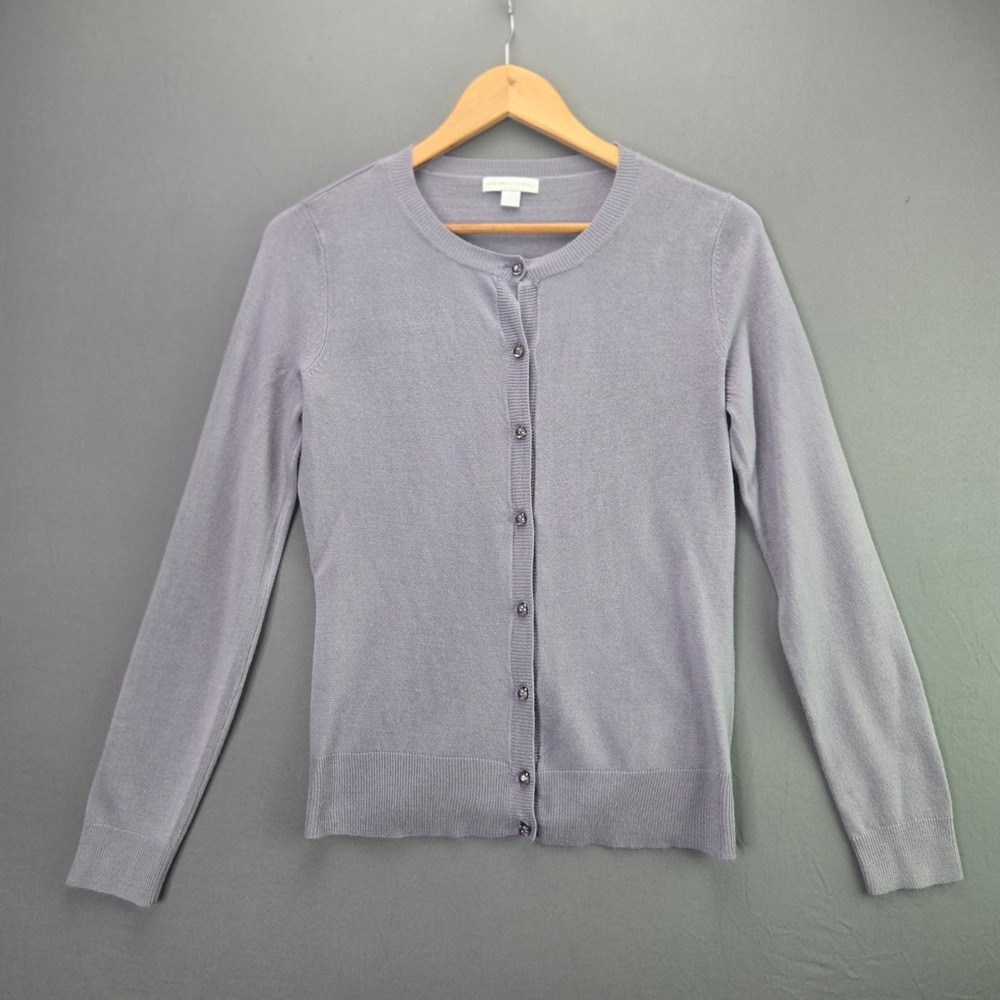 New York & Company Cardigan Sweater M Purple Button Up Crew Neck Knit Soft 3423
